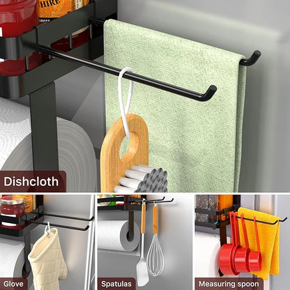 ZUNTO 2pcs Magnetic Paper Towel Holder for Fridge, Black Kitchen Organizer with Towel Roll Holder, Spice Shelf and 2 Hanging Racks(No Drilling) - Image 5