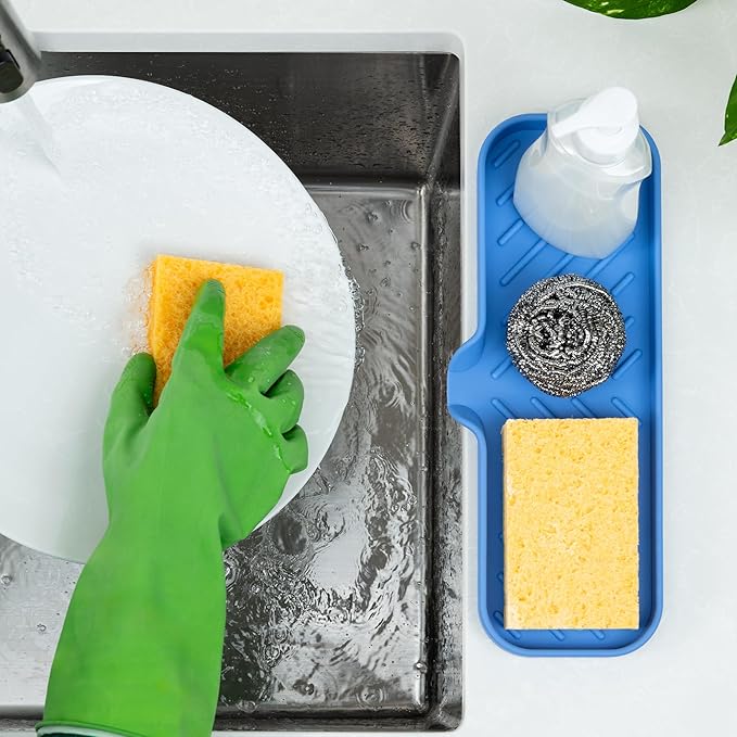 Zulay Kitchen Large Silicone Sponge Holder (12x4) – Flexible Sink Organizer Tray for Kitchen & Bathroom – Multipurpose Soap Dish for Sponges, Makeup, Trinkets & More (Provence Blue) - Image 3