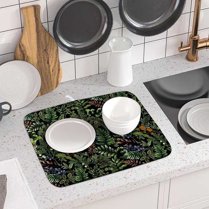Black Sage Green Plant Dish Drying Mat for Kitchen Counter,Vintage Botanic Fern Leaves Floral Drying Mat 16 x 18 Inch with Absorbent Reversible Microfiber Drying Pad for Coffee Bar - Image 6