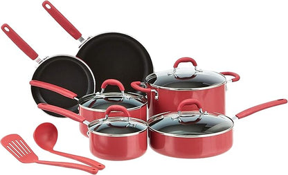 Amazon Basics Aluminum Non-Stick Cookware Set, Oven Safe, Dishwasher Safe, Stay-Cool Handles, 12-Piece, Red by AmazonBasics