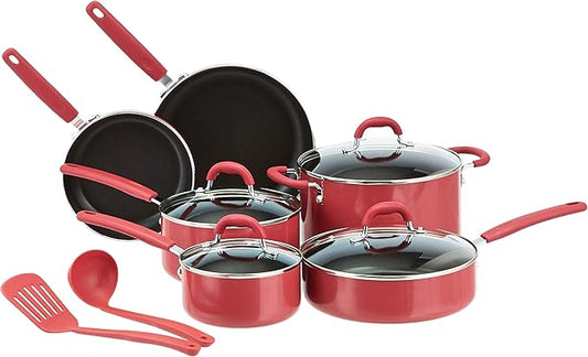 Amazon Basics Aluminum Non-Stick Cookware Set, Oven Safe, Dishwasher Safe, Stay-Cool Handles, 12-Piece, Red by AmazonBasics