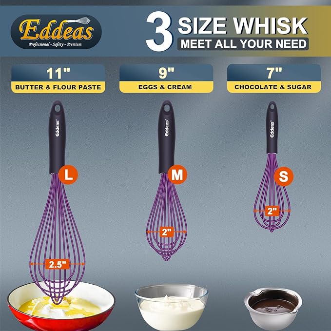 Silicone Whisk, Eddeas Whisk Non-Scratch Coated Whisks set of 3-Heat Resistant(450°F) Kitchen Wisk, Balloon Egg whisk Perfect for Blending, Whisking, Beating & Stirring, Purple - Image 6