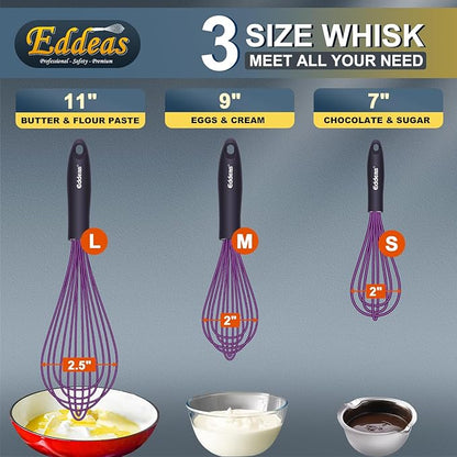 Silicone Whisk, Eddeas Whisk Non-Scratch Coated Whisks set of 3-Heat Resistant(450°F) Kitchen Wisk, Balloon Egg whisk Perfect for Blending, Whisking, Beating & Stirring, Purple - Image 6