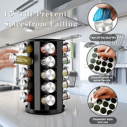 Handisen Rotating Spice Rack Organizer for Cabinet, Spice Racks Storage with 20 Jars, Spinning Spice rack for Kitchen Countertop, Spice Holder,Seasoing Storage Racks, Silver