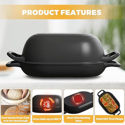 Oval Dutch Oven for Bread Baking 12 x 8 Inch, Pre-Seasoned Cast Iron Bread Oven for Sourdough, Dutch Oven Bread Loaf Pan for a Crispy Crust, 5QT