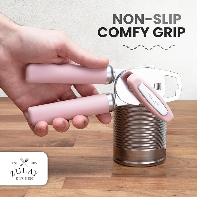 Zulay Kitchen Heavy Duty Stainless Steel Can Opener Manual with Bottle Opener - Rust Proof Manual Can Opener With Turn Knob & Comfy Soft Grip Handles - Light Pink - Image 5