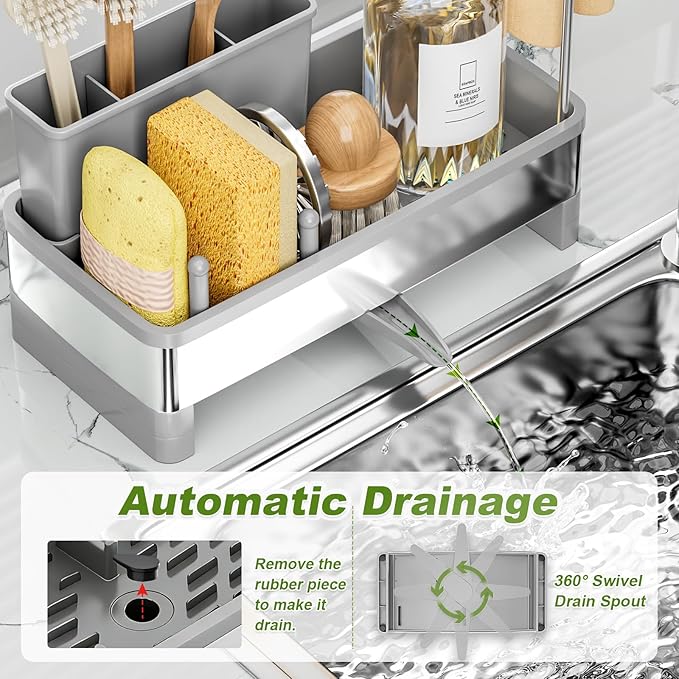 Ewaiira Stainless Steel Sink Caddy, Sponge Holder for Kitchen Sink with Brush Holder Dishcloth Rack, Rustproof Sink Organizer Countertop, Soap Dispenser Kitchen Organizers Storage Essentials, Gray9.8″ - Image 5