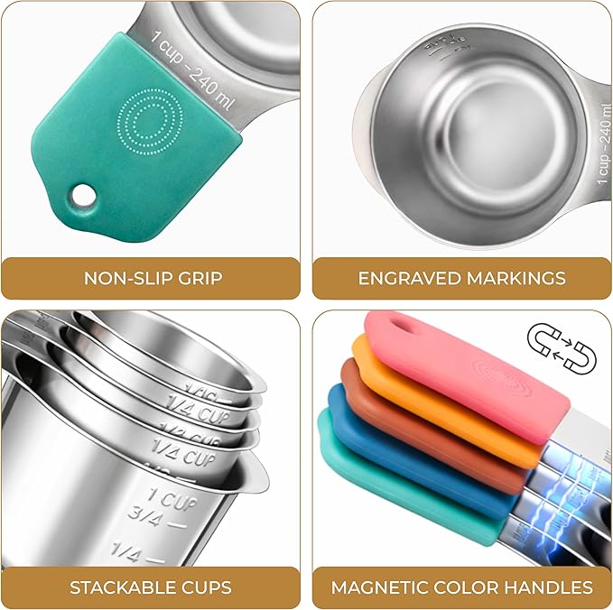 Magnetic Measuring Cups and Spoons Set, 13 Piece 304 Heavy Duty Stainless Steel with Leveler, Mini Whisk & Conversion Chart, Stackable Nesting Design, Double Sided Spoons for Dry & Liquid Ingredients
