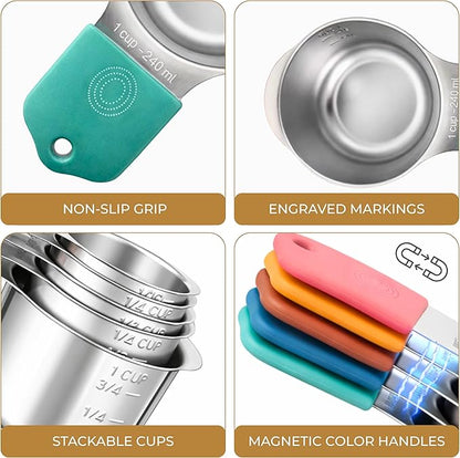 Magnetic Measuring Cups and Spoons Set, 13 Piece 304 Heavy Duty Stainless Steel with Leveler, Mini Whisk & Conversion Chart, Stackable Nesting Design, Double Sided Spoons for Dry & Liquid Ingredients