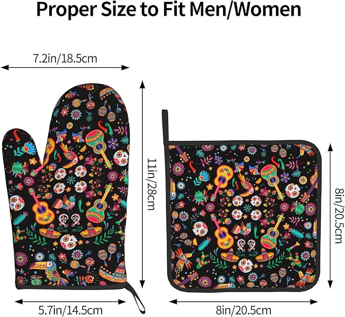 Mexican Oven Mitt Potholders Sets - Mexico Kitchen Mitts and Pot Holders Set of 2 Floral Skull Oven Gloves Hot Pads for Cooking Baking Grilling - Image 3