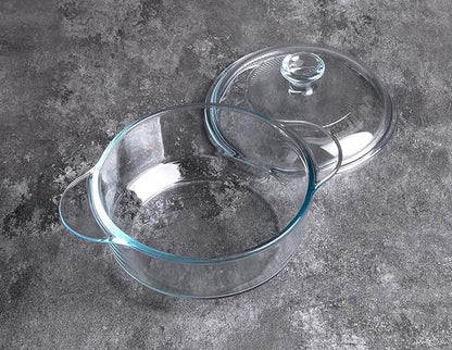 Clear Round Glass Casserole with Lid, Baking Dish with Glass Cover, Oven, Freezer and Dishwasher Safe (1-Quart Round)