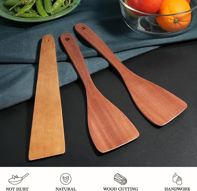 3Pcs Wooden Spatulas, 12inch Long Handle Flat Spatula Set for Nonstick Pans, Multipurpose Wooden Spoons for Cooking, Wood Cooking Utensil for Frying, Flipping, Scraping, and Turning - Image 2