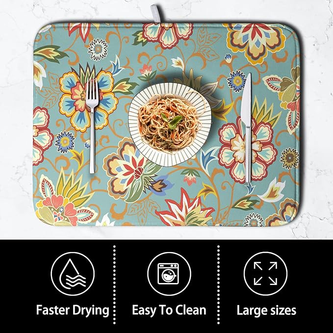 Boho Floral Kitchen Dish Drying Mat for Dishes 16x18 Inch Vintage Mandala Colorful Flowers Drying Mat Green Bohemian Dish Drainer Mat Super Absorbent Dish Rack Pad for Coffee Bar Sinks - Image 4