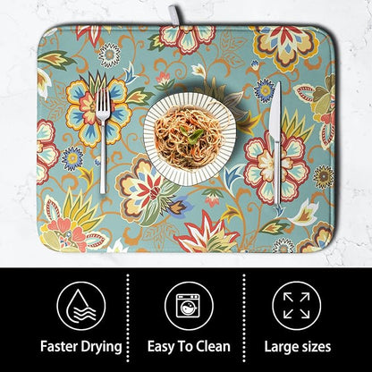 Boho Floral Kitchen Dish Drying Mat for Dishes 16x18 Inch Vintage Mandala Colorful Flowers Drying Mat Green Bohemian Dish Drainer Mat Super Absorbent Dish Rack Pad for Coffee Bar Sinks - Image 4