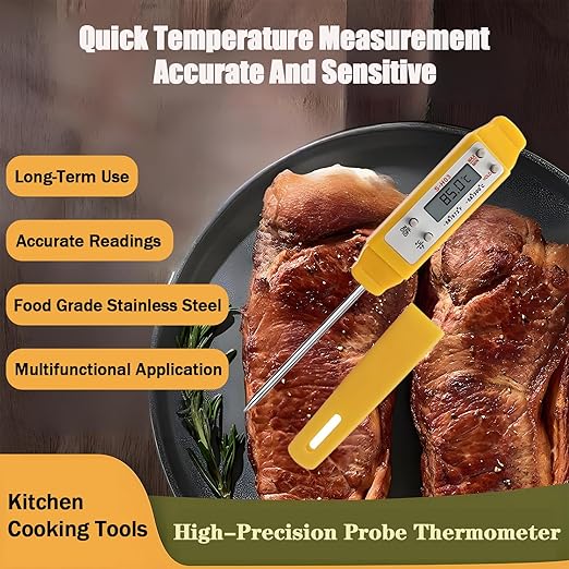 Meat Thermometer - Digital Food Thermometer for Cooking Kitchen - Automatic Calibration Pen Style Electronic Pocket Thermometer for Water Temperature, Barbecue (Yellow) - Image 3