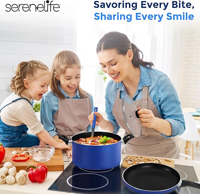 SereneLife 15-Pc Blue Nonstick Cookware Set, Heat-Resistant Pots & Pans Set with Lids, Dishwasher Safe, Includes Matching Utensils - Image 7