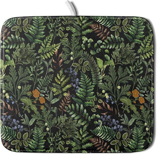 Black Sage Green Plant Dish Drying Mat for Kitchen Counter,Vintage Botanic Fern Leaves Floral Drying Mat 16 x 18 Inch with Absorbent Reversible Microfiber Drying Pad for Coffee Bar by Anyako