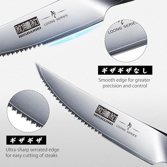 HOSHANHO Steak Knives Set of 6 with Block, 4.5 Inch Serrated Steak Knife Set, Japanese High Carbon Steel Kitchen Steak Knives with Ergonomic Handle