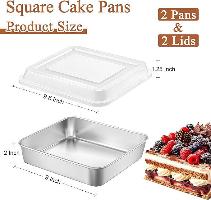 LIANYU 9 x 9 Inch Square Baking Pan, 2 Pack Stainless Steel Square Cake Pan Set with Lid, Metal Bakeware for Bread Lasagna Brownie, Dishwasher Safe & Easy Cleaning (2 Pans + 2 Lids)