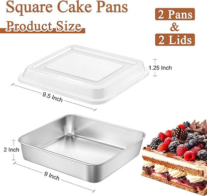 LIANYU 9 x 9 Inch Square Baking Pan, 2 Pack Stainless Steel Square Cake Pan Set with Lid, Metal Bakeware for Bread Lasagna Brownie, Dishwasher Safe & Easy Cleaning (2 Pans + 2 Lids)