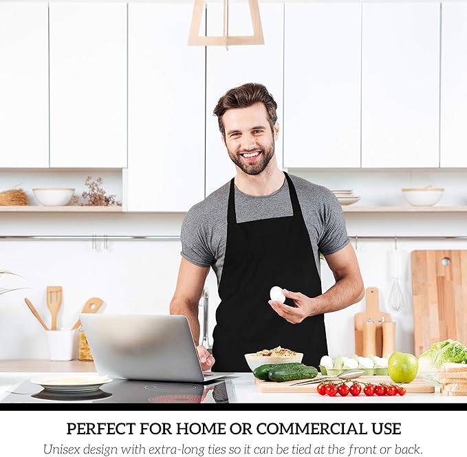 GREEN LIFESTYLE 12 Pack Bib Apron - Unisex Black Aprons, Machine Washable Aprons for Men and Women, Kitchen Cooking BBQ Bulk (Pack of 12, No Pockets, Black) - Image 5