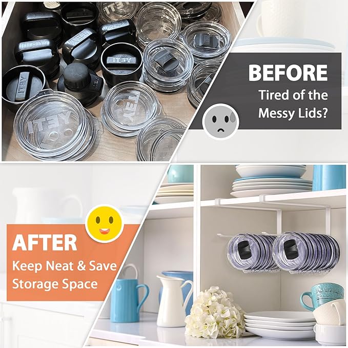 2 Pack Tumbler Lid Organizer, Horizontal Tumbler Lid Storage Hook to Hold Up 20 Lids, Space Saving Cup Lid Holders Under Cabinet Tumbler Lid Hook for Kitchen Organizer, Paper Towel Rack Hanger (White) - Image 5