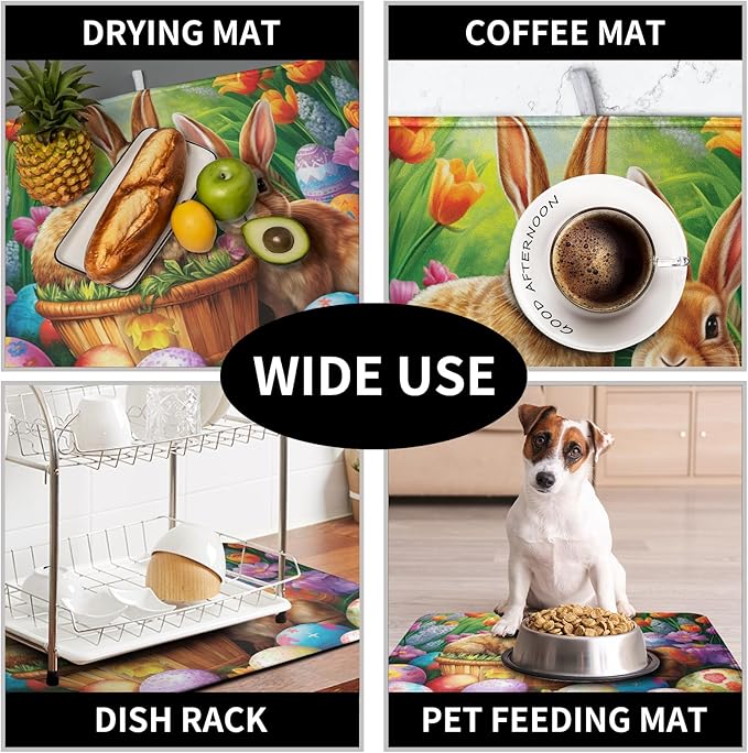 Easter Bunny Eggs Dish Drying Mat for Kitchen Counter, Tulip Floral Flower Drying Mat Spring Summer Holiday Dish Mat Drying Kitchen Mat Absorbent Kitchen Drying Mat for Sink 18x24Inch - Image 7