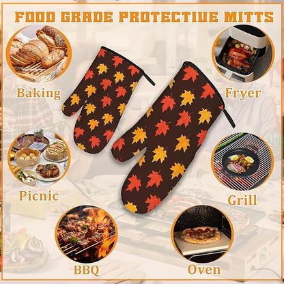 Maple Leaf Oven Mitts and Pot Holders Set,Autumn Kitchen Decor Heat Resistant Non Slip Hot Pads and Oven Mitt for Chef Cooking Baking BBQ Mom Girl Gifts(4 Piece Set)