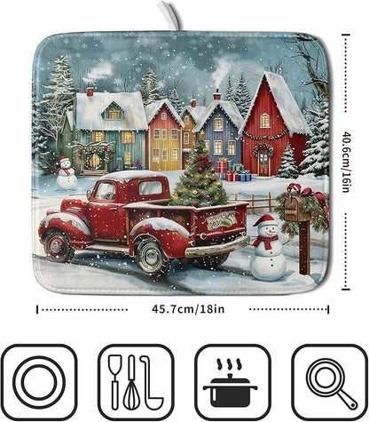 Christmas Dish Drying Mat for Kitchen Counter 18x16 Inch Xmas Red Truck Drying Mat with Absorbent Reversible Microfiber House Snowman Winter Dish Drainer Mats Rack Pad for Coffee Countertop Protector