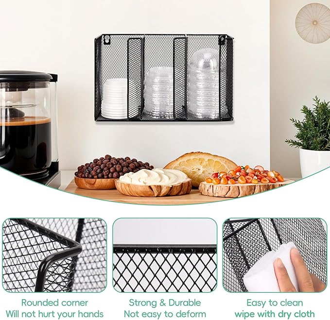 Wall Mount Coffee Cup Lid Holder Organizer 3 Compartments Coffee Cup Lid Dispenser Black Metal Mesh Disposable Cup and Lid Storage for 8-24 Oz Capacity Cup Lid Kitchen Restaurant Coffee Bar Office - Image 3