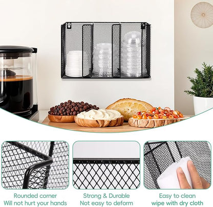 Wall Mount Coffee Cup Lid Holder Organizer 3 Compartments Coffee Cup Lid Dispenser Black Metal Mesh Disposable Cup and Lid Storage for 8-24 Oz Capacity Cup Lid Kitchen Restaurant Coffee Bar Office - Image 3