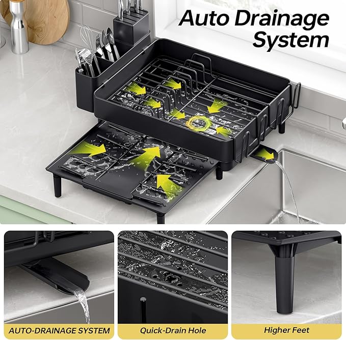 Urackify Dish Drying Rack for Kitchen Counter, 304 Stainless Steel Dish Rack, Expandable Dish Drainer, Foldable Dish Strainer with Cutlery Holder, Kitchen Plate Rack (Black, Large Size)