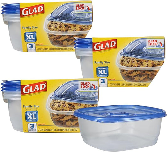 Glad GladWare XL Square Food Storage Containers with Lock Tight Lids, BPA-Free Family Size Plastic Containers for Leftovers, Meal Prep, and Freezer Storage, Dishwasher Safe, 104 Oz, 3 Count - 3 Pack by GladTrashFoodStorage