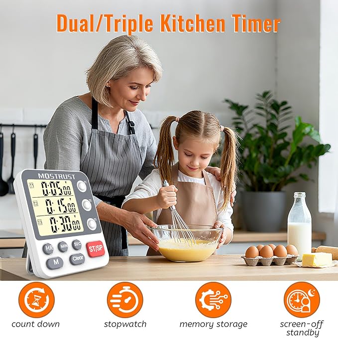 Digital Dual Kitchen Timer, 3 Channels Countdown Triple Timer for Cooking, Magnetic Memory-Preset Large Display Adjustable Alarm Volume, Multi Times Management, 3A Battery Included, White - Image 2