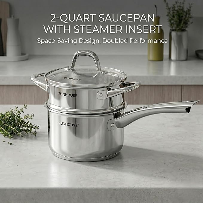 SUNHOUSE Stainless Steel Sauce Pan with Lid - Tri-Ply 2 Quarts Steamer for Cooking, Small Cooking Pot with Steamer Basket, Induction Compatible Steam Pot for Vegetable - Image 3