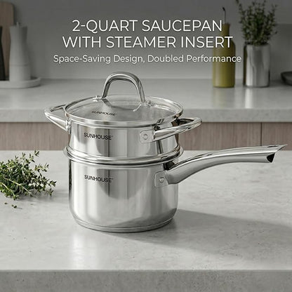 SUNHOUSE Stainless Steel Sauce Pan with Lid - Tri-Ply 2 Quarts Steamer for Cooking, Small Cooking Pot with Steamer Basket, Induction Compatible Steam Pot for Vegetable - Image 3