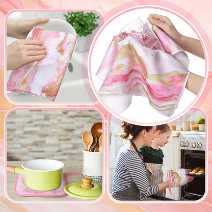 Leinuosen 8 Pcs Kitchen Towels and Dishcloths Sets Oven Mitts and Pot Holders Sets Absorbent Kitchen Gloves Potholders Heat Resistant for Chef Baking Cooking (Pink,Marble)