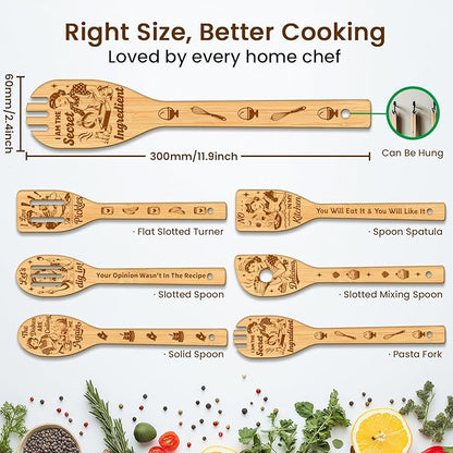 CUTHOLLOW 6PCS Retro Housewife Wooden Kitchen Cooking Utensil Set, 11.9in Non Toxic Bamboo Wood Spoon Set for Cooking, Best Housewarming Birthday Thanksgiving Christmas Gift for Women Mother