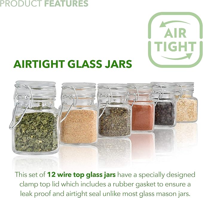 (3 oz) Small Square Glass Jars with Airtight Round Lids, Empty Spice Containers with Labels, Leak Proof Rubber Gasket and Hinged Lid, Chalkboard Label & Marker Included, For Home or Kitchen (12 Pack)