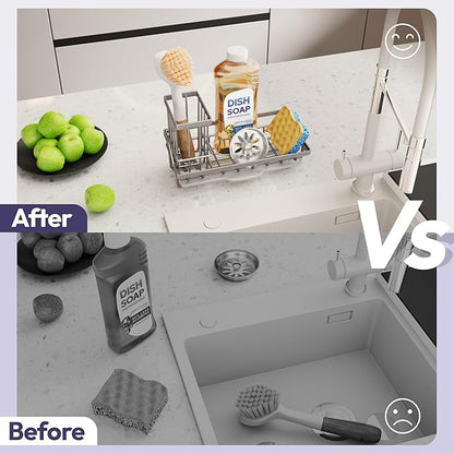 SWTYMIKI Sink Caddy Sponge Holder - Kitchen Sink Organizer with High Brush Holder for Countertop to Hold Dish Soaps and Sponges, Stainless Steel, Sand Nickel - Image 6