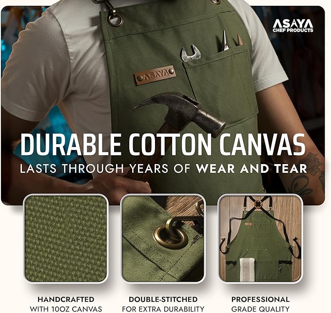 Asaya Chef and BBQ Apron with Bottle Opener and Hand Towel - 10oz Cotton Canvas, Stainless Steel Hardware - Cross Back Straps - Image 3