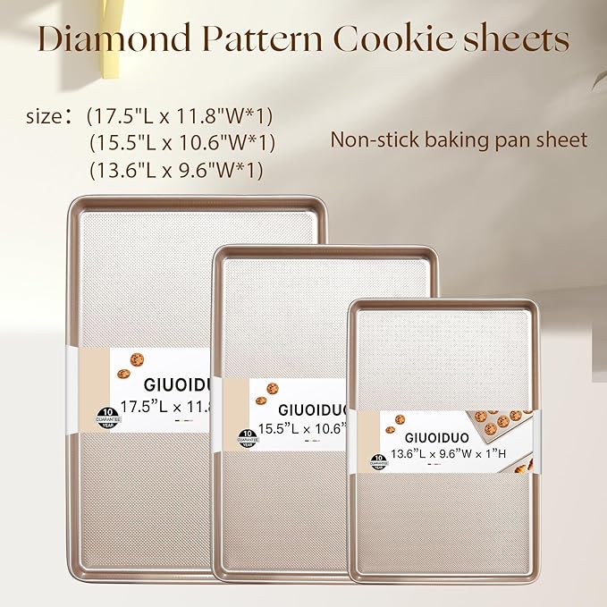 Baking Sheet Set of 3, Nonstick Heavy Duty Cookie Sheets for Oven - 13.6"×9.6"/15.5"×10.6"/17.5"×11.8" Warp-Resistant Carbon Steel Bakeware Trays, Champagne Gold, Dishwasher & Oven Safe - Image 3
