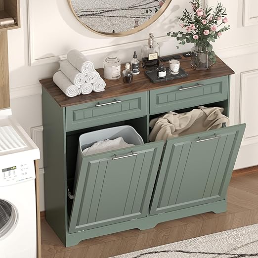 Double 10 Gallon Tilt Out Trash Can Cabinet with Deodorizing Function and Power Outlet, Wooden Hidden Garbage Can Holder with 2 Storage Drawers for Kitchen, Laundry Hamper Cabinet for Bathroom, Green