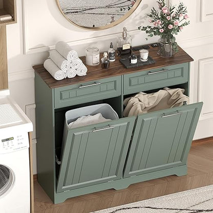 Double 10 Gallon Tilt Out Trash Can Cabinet with Deodorizing Function and Power Outlet, Wooden Hidden Garbage Can Holder with 2 Storage Drawers for Kitchen, Laundry Hamper Cabinet for Bathroom, Green