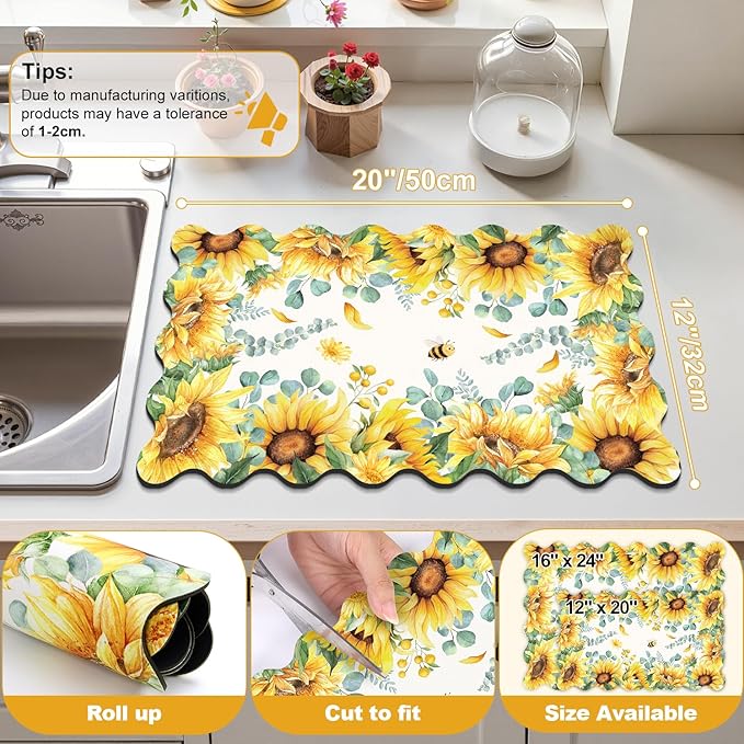 LOKHOM Scalloped Floral Dish Drying Mat, 12"x20" Super Absorbent Coffee Mat with Watercolor Yellow Sunflowers, Cuttable Hide Stain Non-slip Drying Mat for Kitchen Counter Coffee Maker Espresso Machine - Image 2