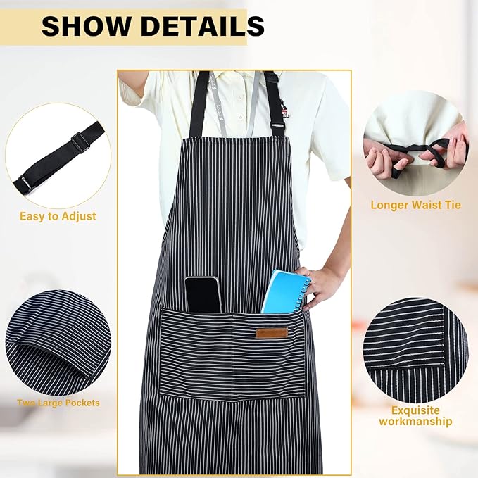 Handepo 4 Pcs Kitchen Aprons with Pockets Adjustable Waterproof Cotton Aprons Striped Apron for Women Men Chef Mother Gift - Image 3