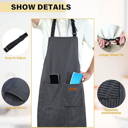 Handepo 4 Pcs Kitchen Aprons with Pockets Adjustable Waterproof Cotton Aprons Striped Apron for Women Men Chef Mother Gift - Image 3