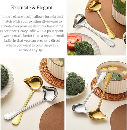 2-Pack Gravy Spoon Small Ladle for Sauce/Gravy / .1 Ounce mini Stainless Steel Ladle with Pouring Spout Gravy Drizzle Spoon. (Gold & silver)