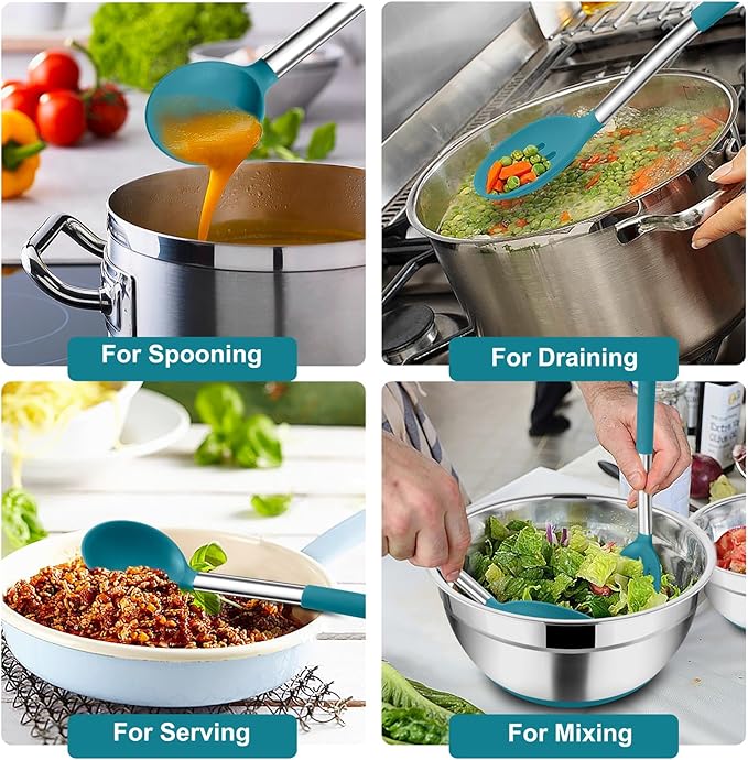 TeamFar Cooking Utensils Set, 4PCS Heatproof Silicone Utensil Kitchen Tools with Stainless Steel Handle, for Non-stick Cookware Flipping Frying Draining, Nontoxic & Non scratch, Easy Clean - Navy Blue - Image 4