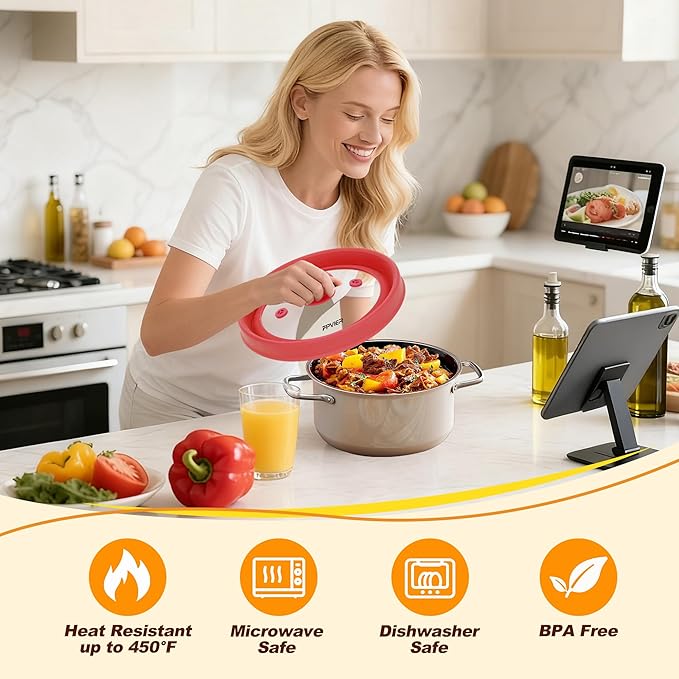 Microwave Splatter cover, Glass Microwave Cover for Food, 10.8 inch Guard Lid with Collapsible Silicone for 6-10 inch Plates & Bowls, Dishwasher Safe, 450°F Heat Resistant, BPA-Free, Red